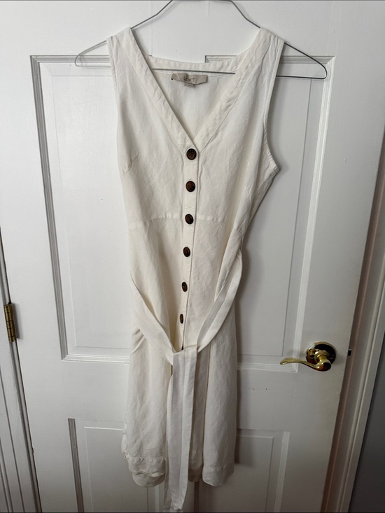 LOFT Dresses & Skirts - LOFT Cream Button-Front Midi Dress with Waist Tie